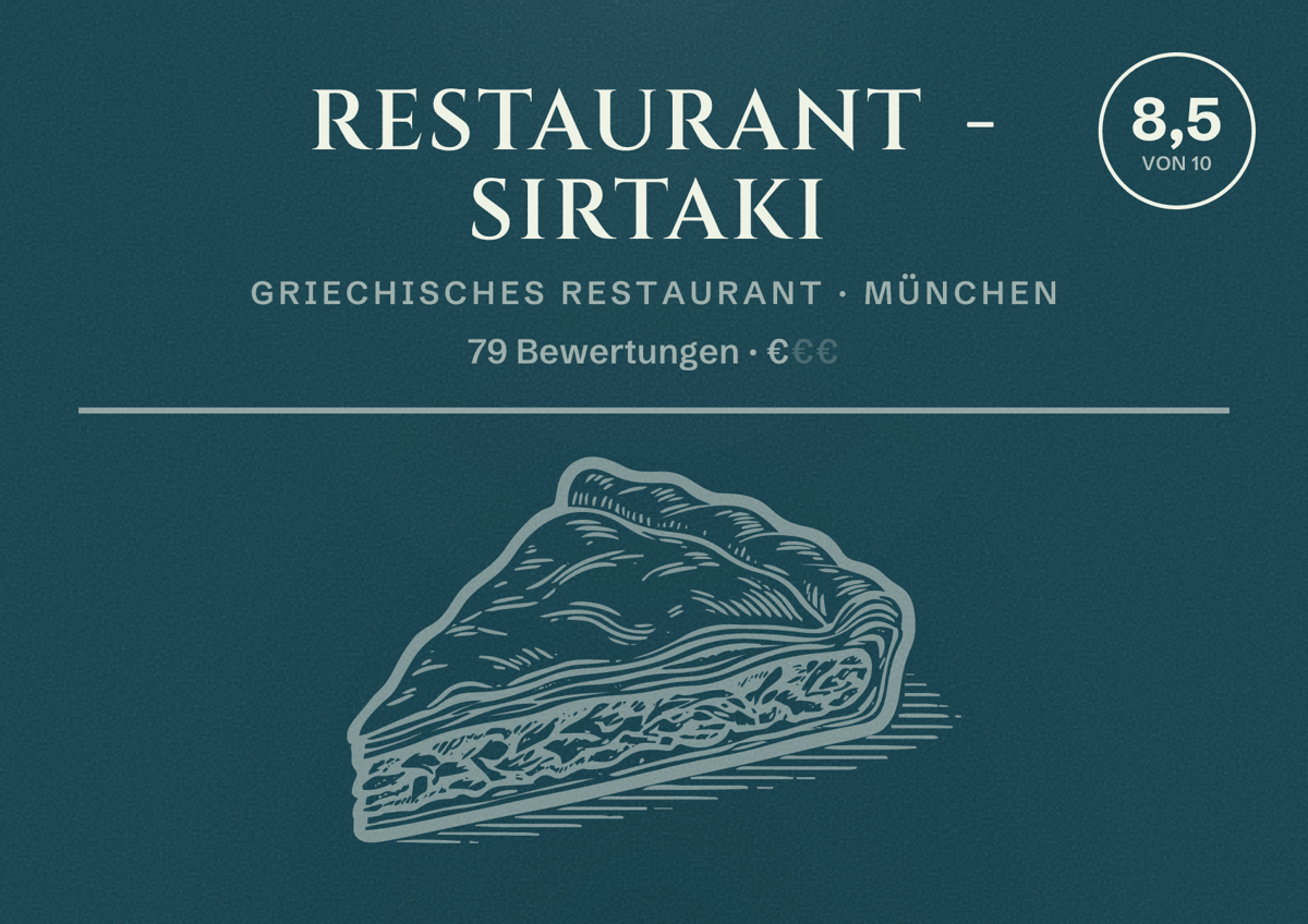 Illustriertes Poster von Restaurant - Sirtaki, Griechisches Restaurant in München: Bewertung 8,5 von 10 aus 79 Bewertungen, Preisniveau €