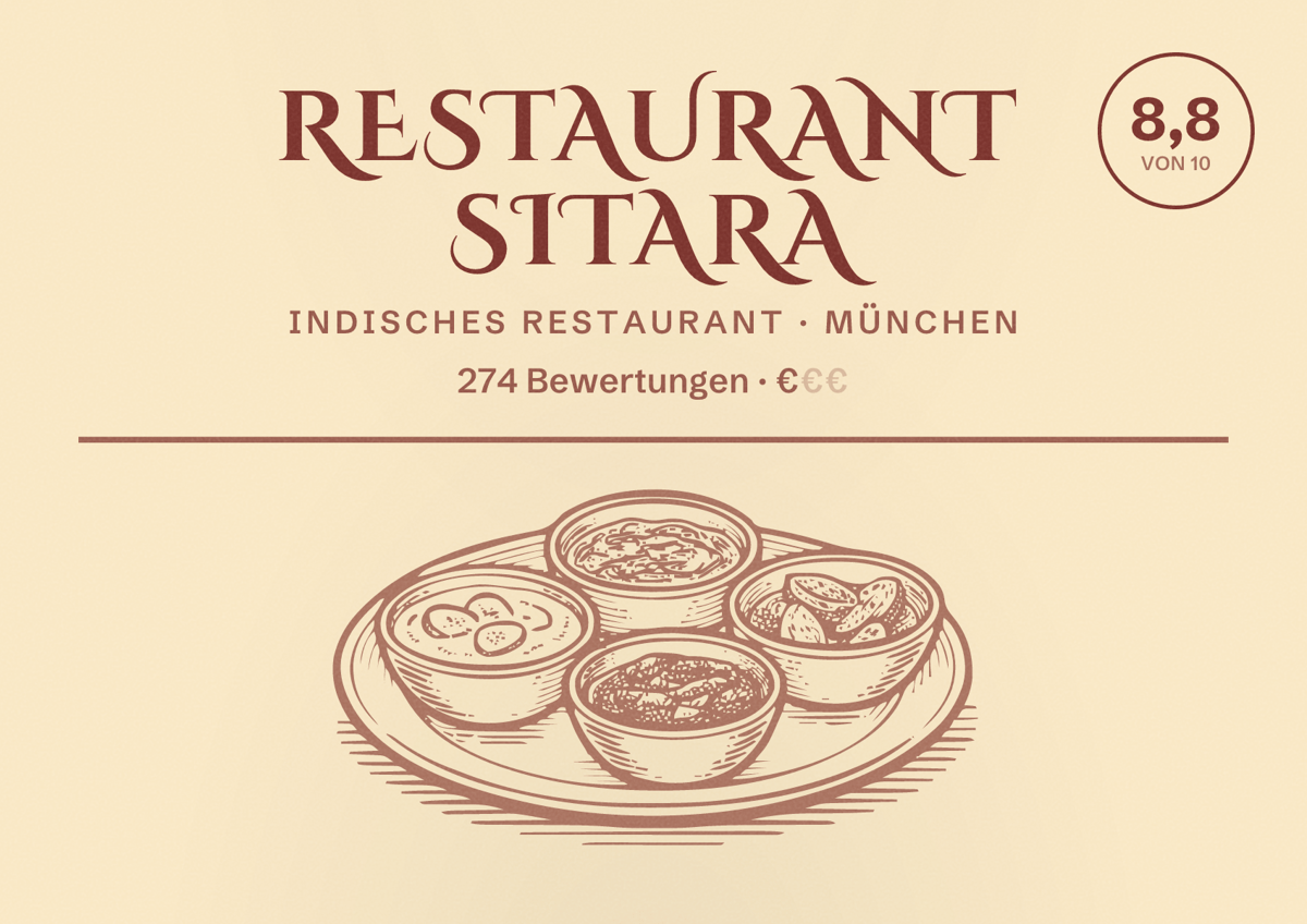 Illustriertes Poster von Restaurant Sitara, Indisches Restaurant in München: Bewertung 8,8 von 10 aus 274 Bewertungen, Preisniveau €