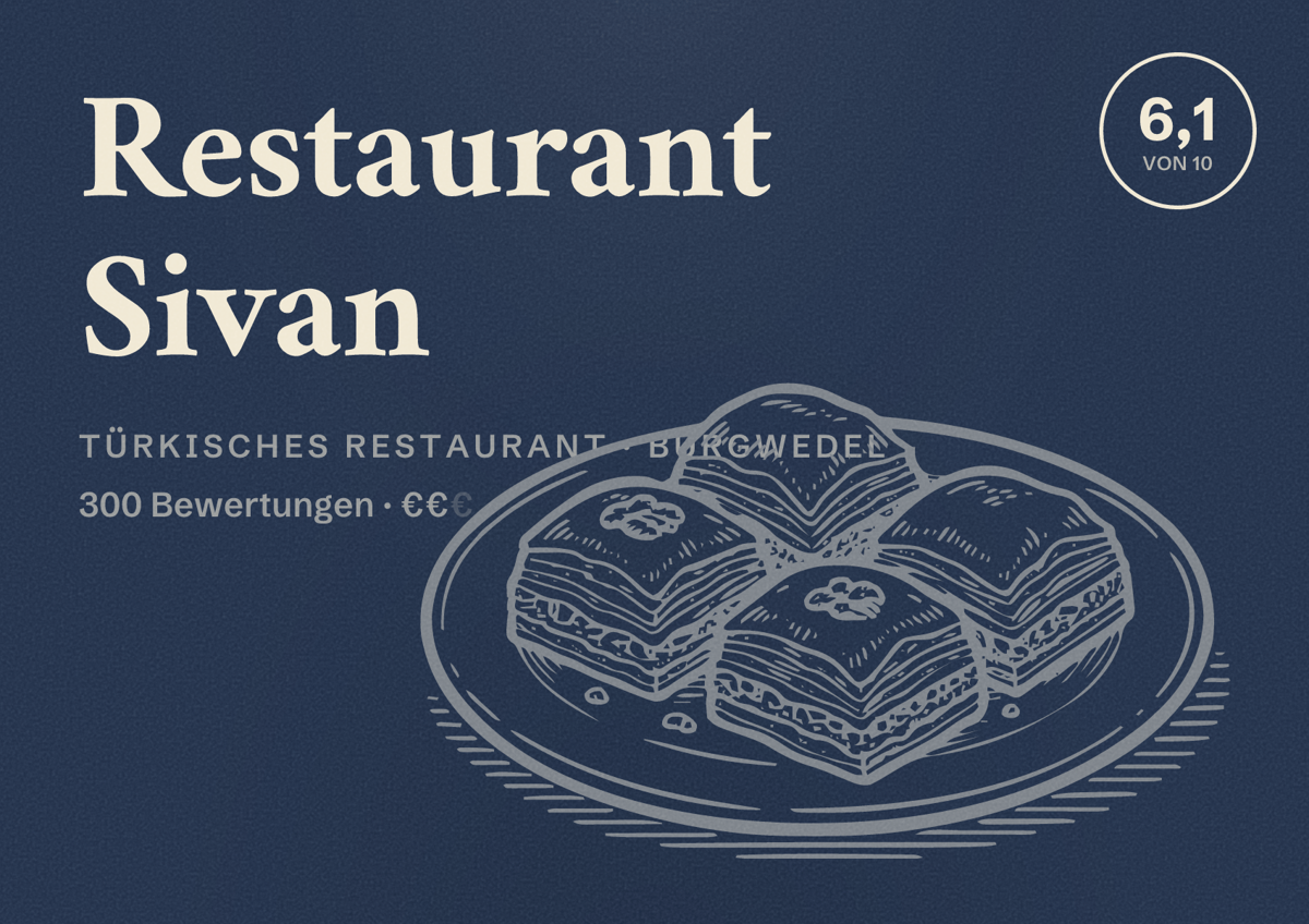 Illustriertes Poster von Restaurant Sivan, Türkisches Restaurant in Burgwedel: Bewertung 6,1 von 10 aus 300 Bewertungen, Preisniveau €€