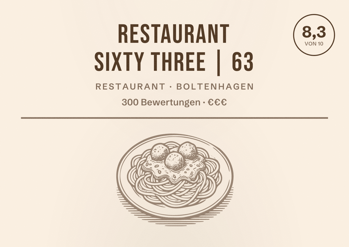 Illustriertes Poster von Restaurant SIXTY THREE | 63, Restaurant in Boltenhagen: Bewertung 8,3 von 10 aus 300 Bewertungen, Preisniveau €€€