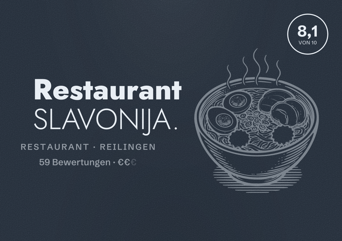 Illustriertes Poster von Restaurant SLAVONIJA., Restaurant in Reilingen: Bewertung 8,1 von 10 aus 59 Bewertungen, Preisniveau €€