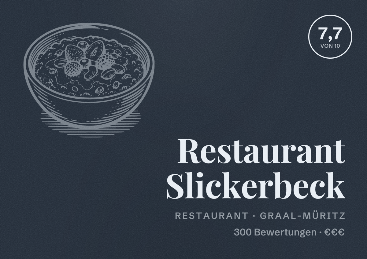 Illustriertes Poster von Restaurant Slickerbeck, Restaurant in Graal-Müritz: Bewertung 7,7 von 10 aus 300 Bewertungen, Preisniveau €€€