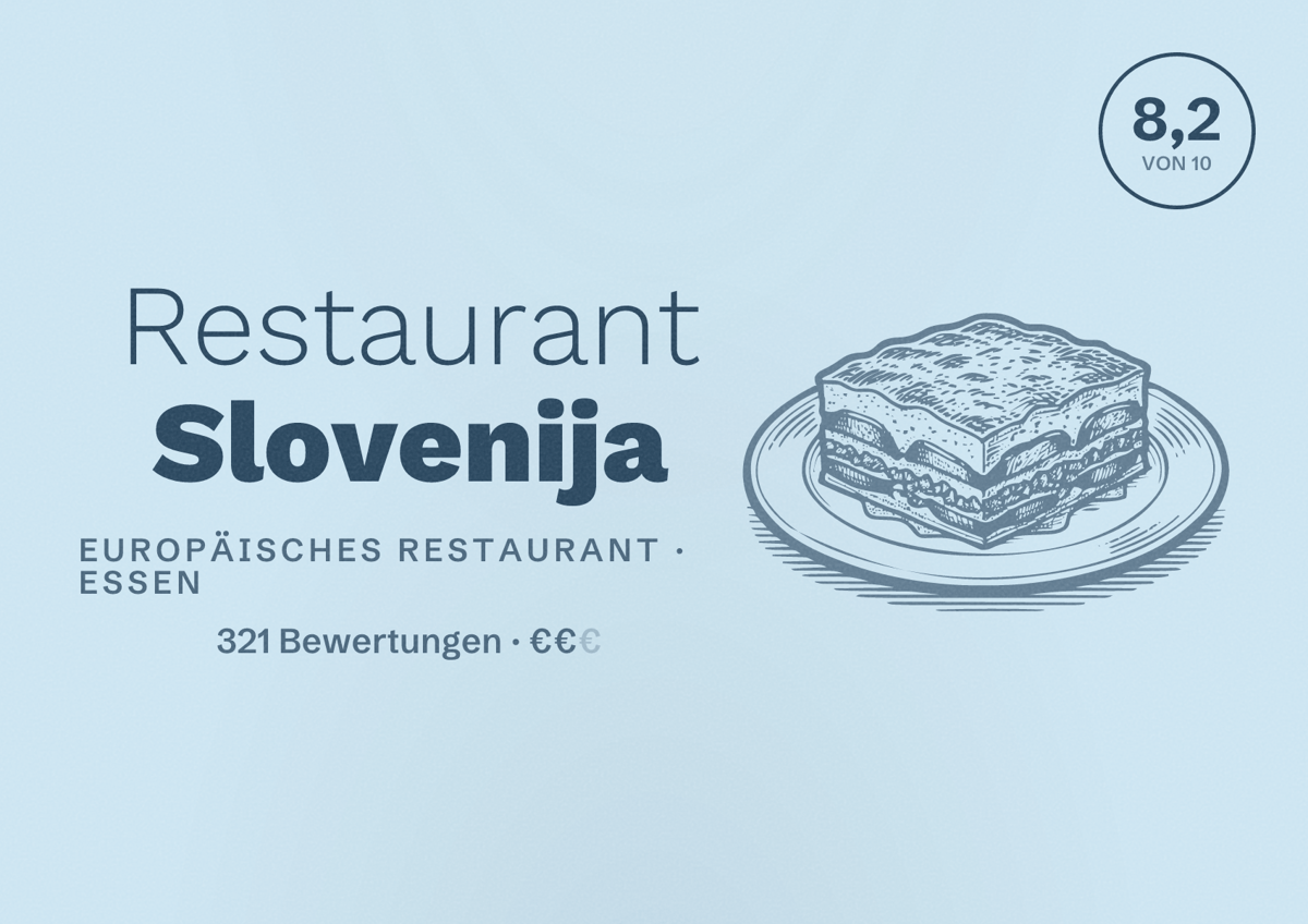 Illustriertes Poster von Restaurant Slovenija, Europäisches Restaurant in Essen: Bewertung 8,2 von 10 aus 321 Bewertungen, Preisniveau €€