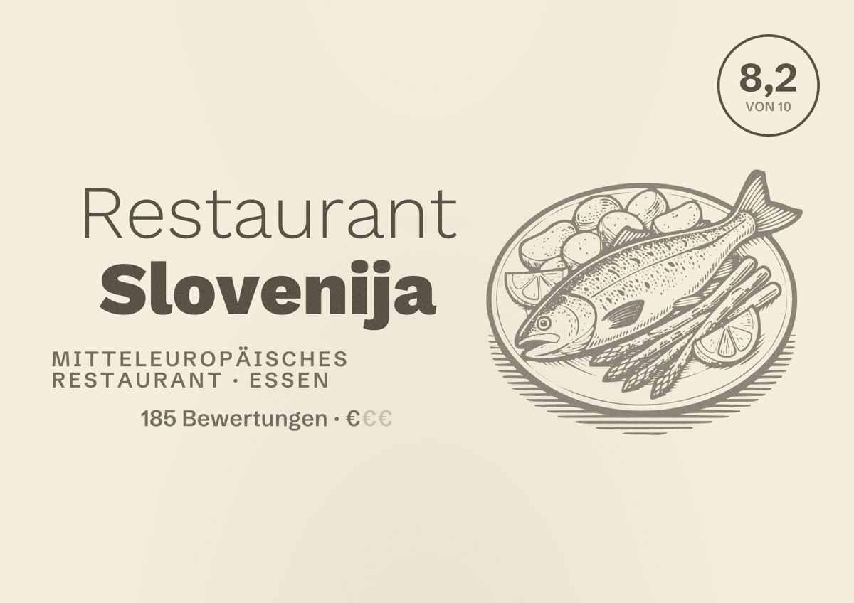 Illustriertes Poster von Restaurant Slovenija, Mitteleuropäisches Restaurant in Essen: Bewertung 8,2 von 10 aus 185 Bewertungen, Preisniveau €