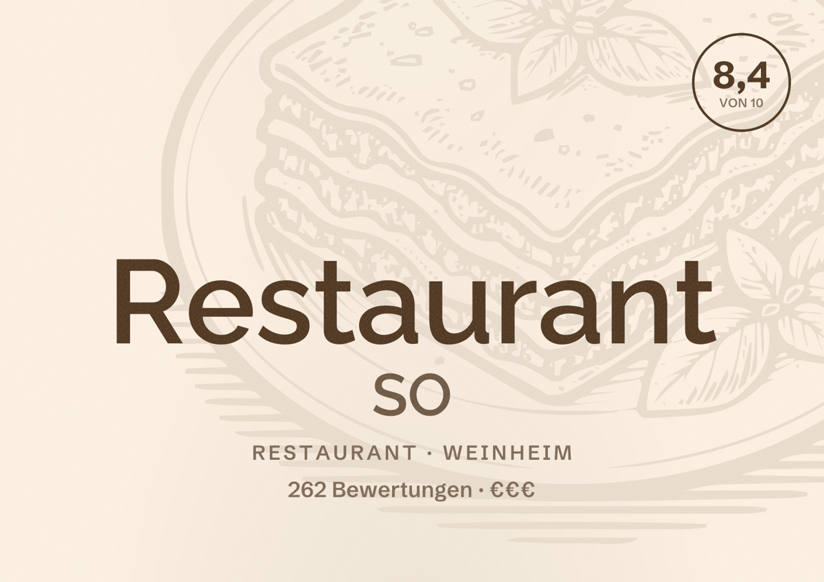 Illustriertes Poster von Restaurant SO, Restaurant in Weinheim: Bewertung 8,4 von 10 aus 262 Bewertungen, Preisniveau €€€