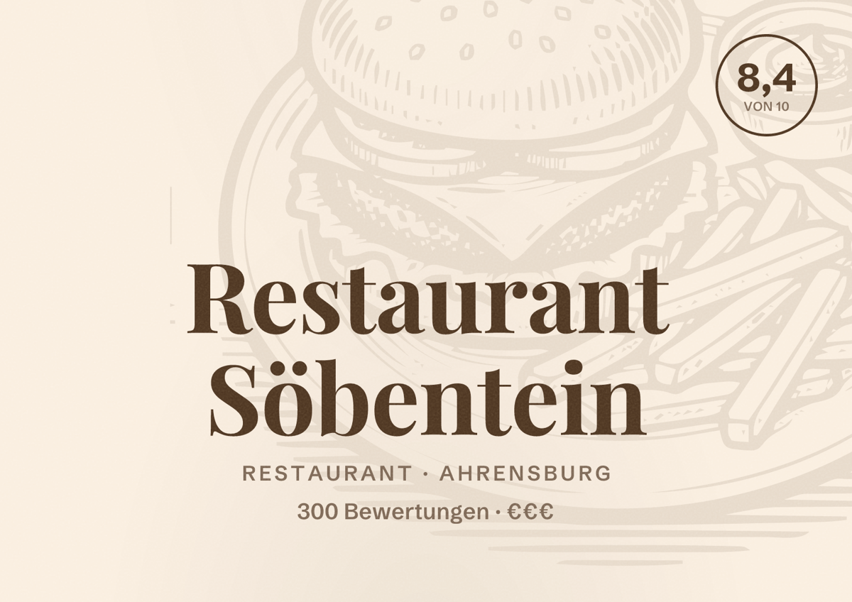 Illustriertes Poster von Restaurant Söbentein, Restaurant in Ahrensburg: Bewertung 8,4 von 10 aus 300 Bewertungen, Preisniveau €€€