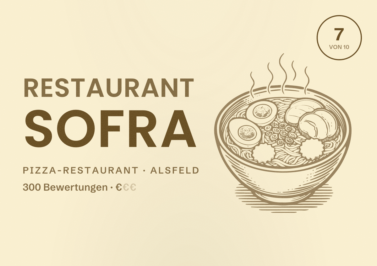 Illustriertes Poster von Restaurant Sofra, Pizza-Restaurant in Alsfeld: Bewertung 7 von 10 aus 300 Bewertungen, Preisniveau €