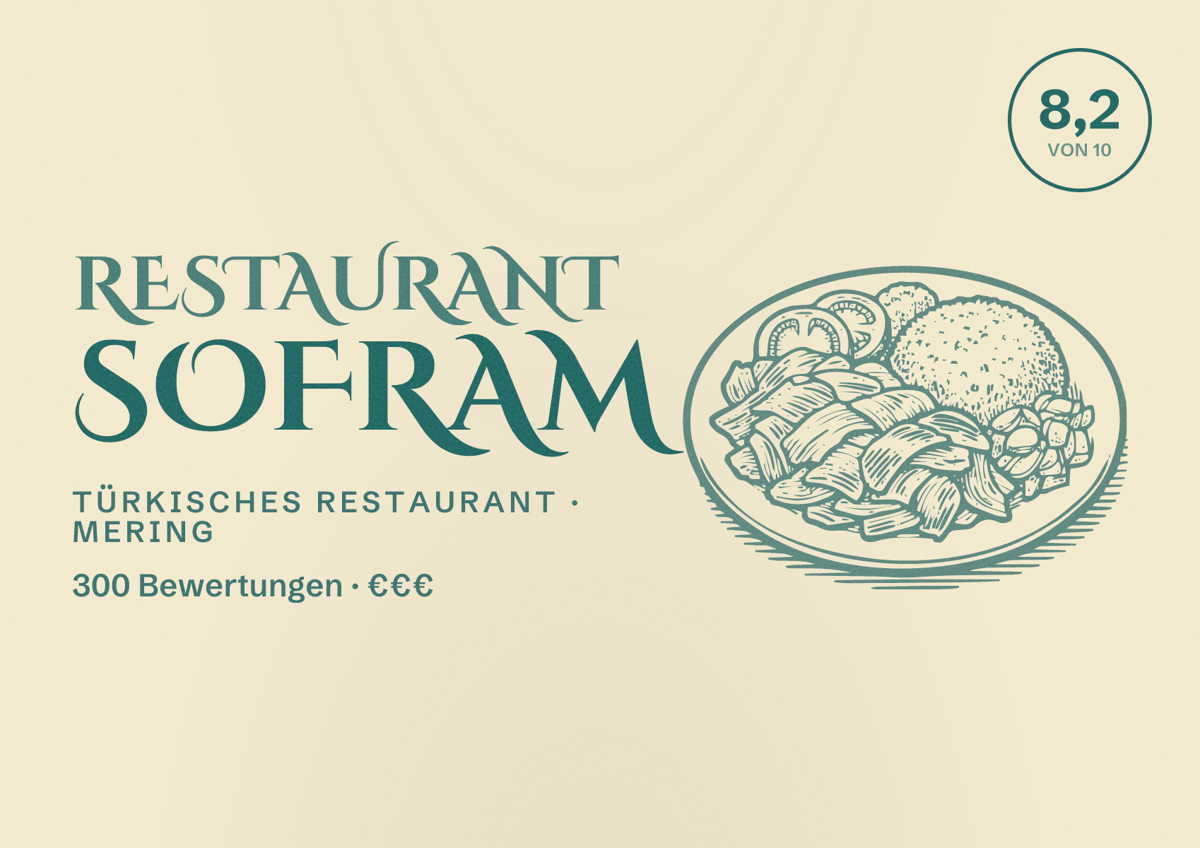 Illustriertes Poster von Restaurant Sofram, Türkisches Restaurant in Mering: Bewertung 8,2 von 10 aus 300 Bewertungen, Preisniveau €€€