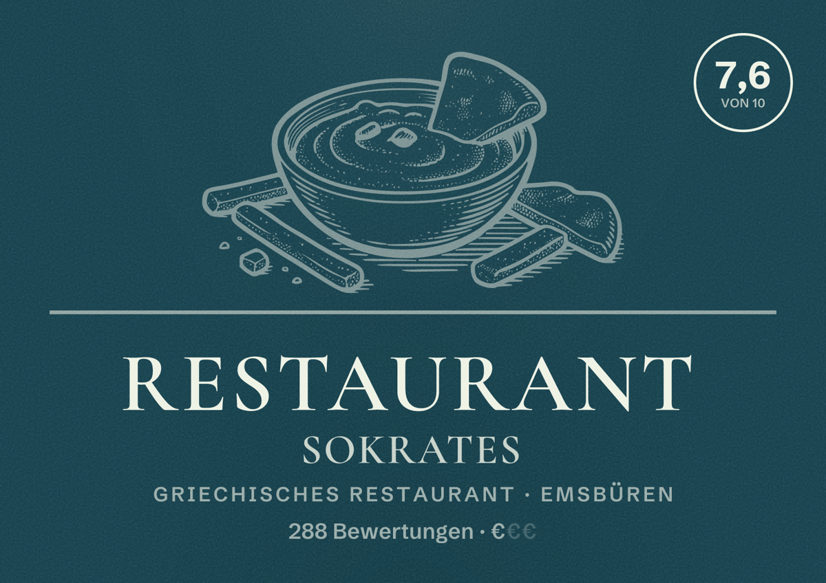 Illustriertes Poster von Restaurant Sokrates, Griechisches Restaurant in Emsbüren: Bewertung 7,6 von 10 aus 288 Bewertungen, Preisniveau €