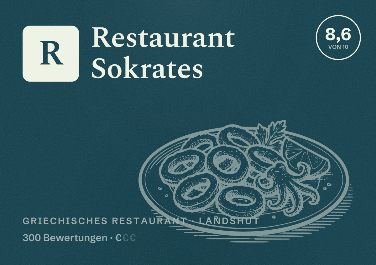 Illustriertes Poster von Restaurant Sokrates, Griechisches Restaurant in Landshut: Bewertung 8,6 von 10 aus 300 Bewertungen, Preisniveau €