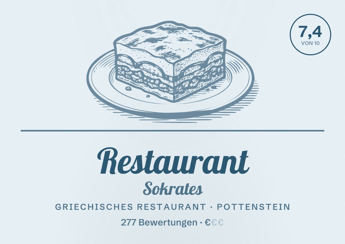 Illustriertes Poster von Restaurant Sokrates, Griechisches Restaurant in Pottenstein: Bewertung 7,4 von 10 aus 277 Bewertungen, Preisniveau €