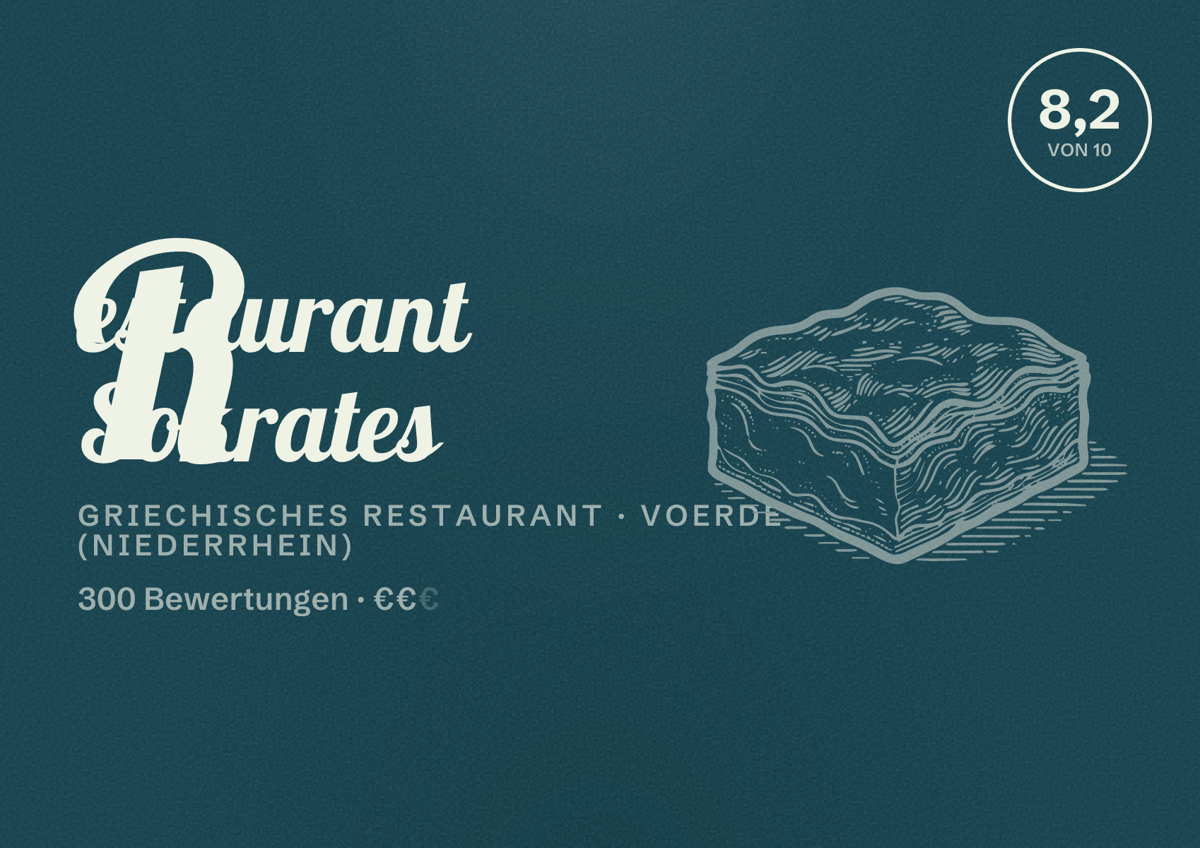 Illustriertes Poster von Restaurant Sokrates, Griechisches Restaurant in Voerde (Niederrhein): Bewertung 8,2 von 10 aus 300 Bewertungen, Preisniveau €€