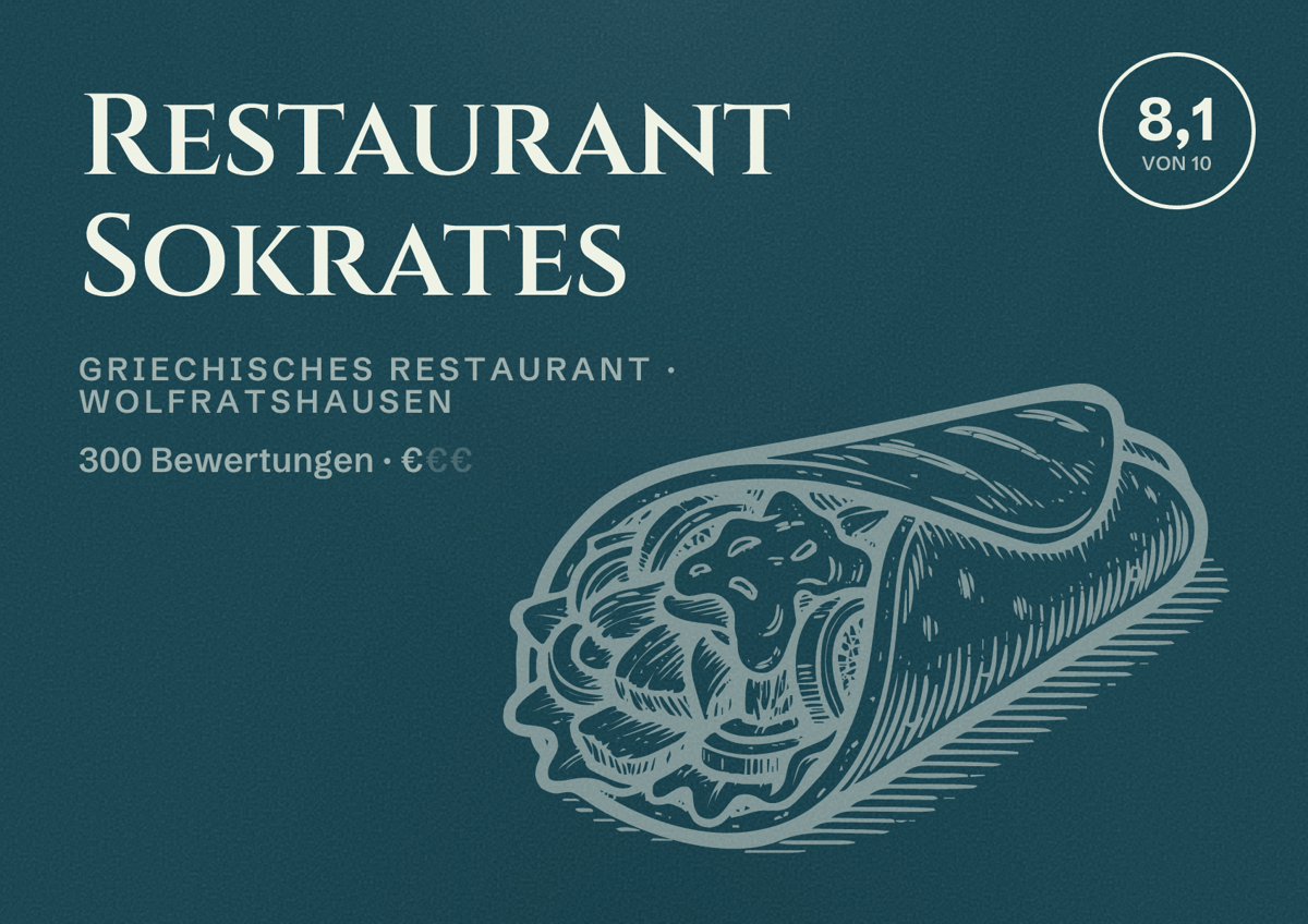 Illustriertes Poster von Restaurant Sokrates, Griechisches Restaurant in Wolfratshausen: Bewertung 8,1 von 10 aus 300 Bewertungen, Preisniveau €