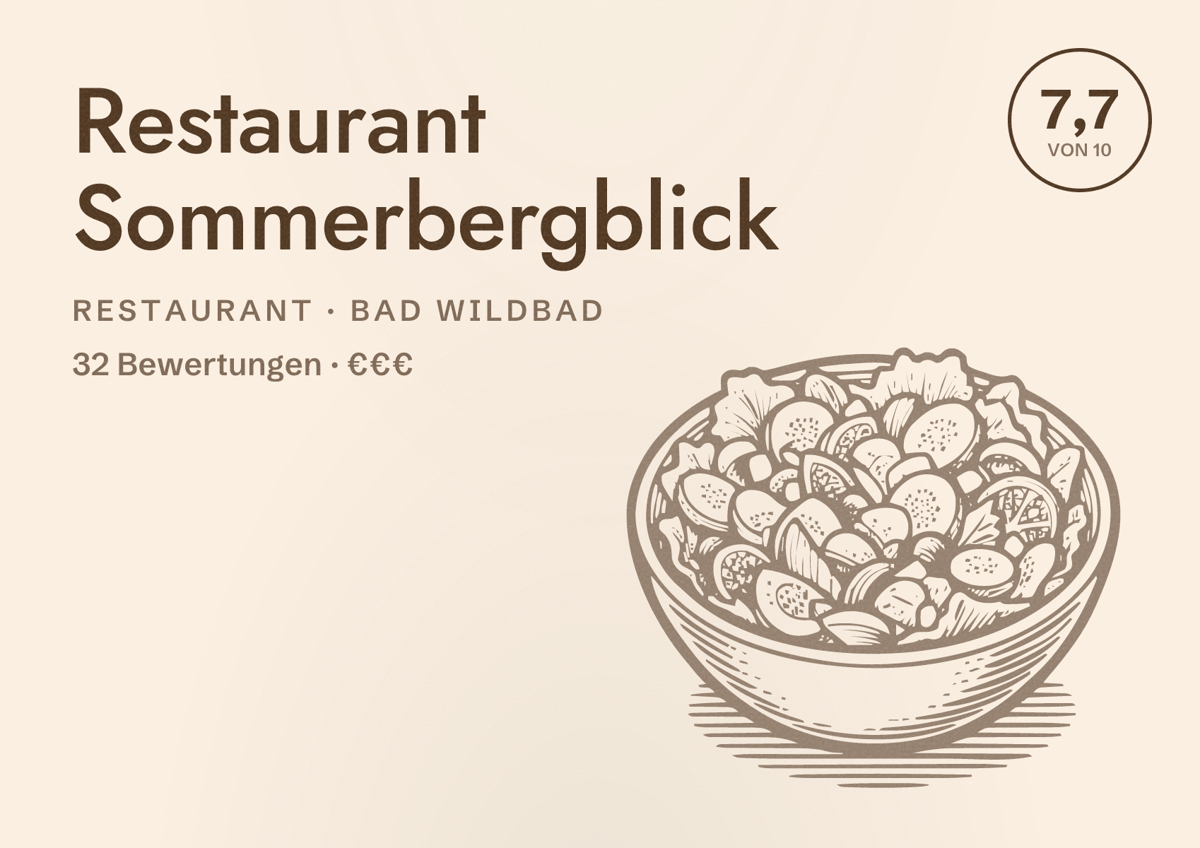 Illustriertes Poster von Restaurant Sommerbergblick, Restaurant in Bad Wildbad: Bewertung 7,7 von 10 aus 32 Bewertungen, Preisniveau €€€