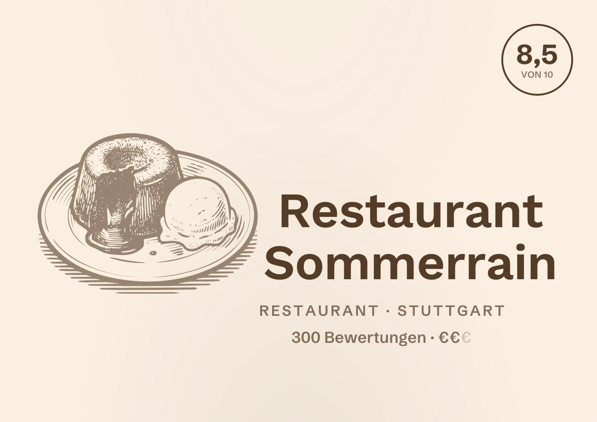 Illustriertes Poster von Restaurant Sommerrain, Restaurant in Stuttgart: Bewertung 8,5 von 10 aus 300 Bewertungen, Preisniveau €€