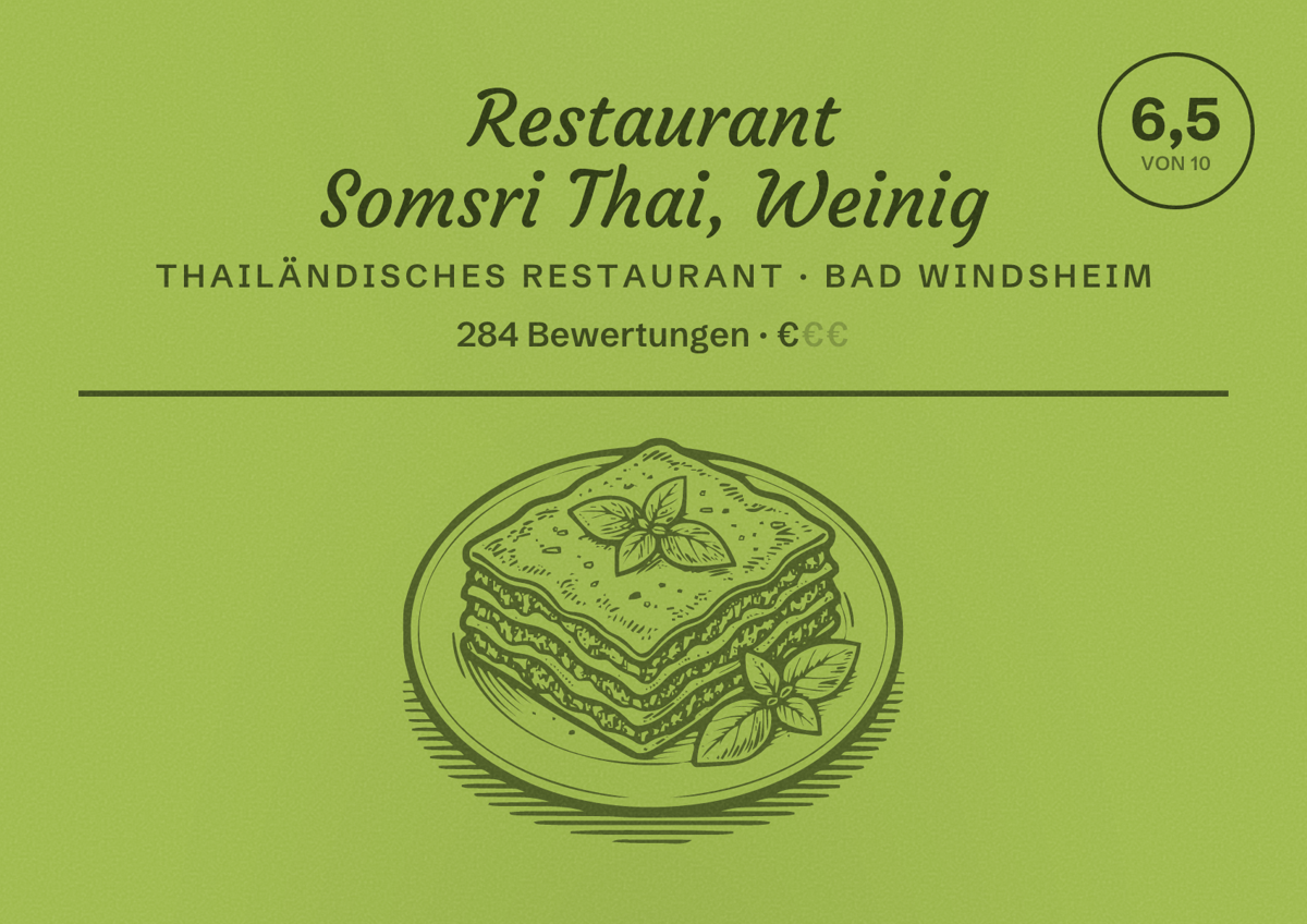 Illustriertes Poster von Restaurant Somsri Thai, Weinig, Thailändisches Restaurant in Bad Windsheim: Bewertung 6,5 von 10 aus 284 Bewertungen, Preisniveau €