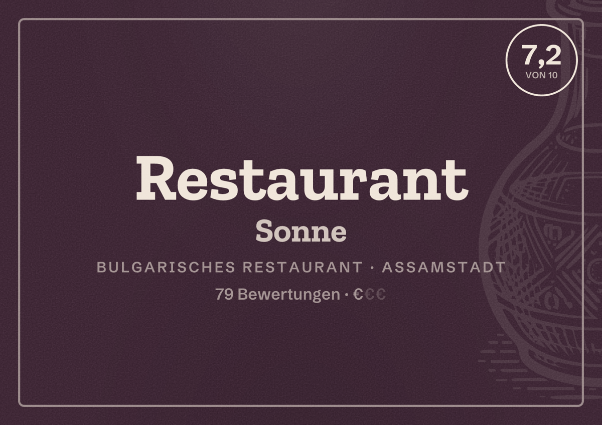 Illustriertes Poster von Restaurant Sonne, Bulgarisches Restaurant in Assamstadt: Bewertung 7,2 von 10 aus 79 Bewertungen, Preisniveau €