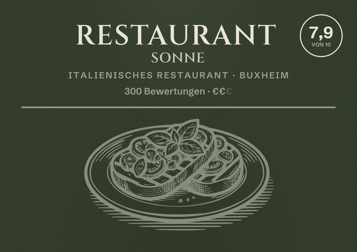 Illustriertes Poster von Restaurant Sonne, Italienisches Restaurant in Buxheim: Bewertung 7,9 von 10 aus 300 Bewertungen, Preisniveau €€