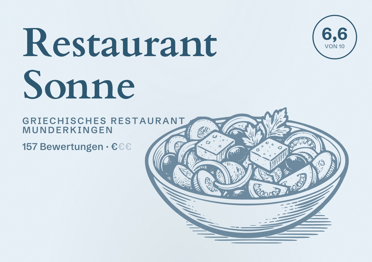 Illustriertes Poster von Restaurant Sonne, Griechisches Restaurant in Munderkingen: Bewertung 6,6 von 10 aus 157 Bewertungen, Preisniveau €