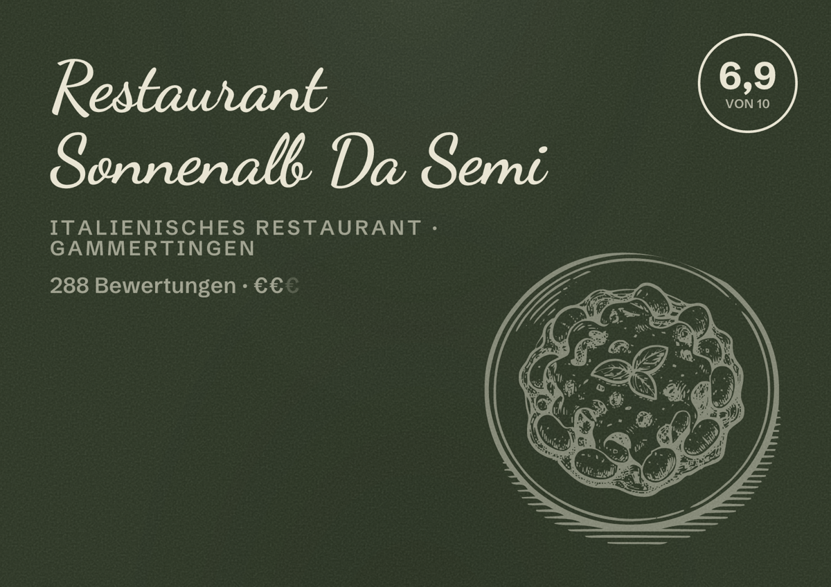 Illustriertes Poster von Restaurant Sonnenalb Da Semi, Italienisches Restaurant in Gammertingen: Bewertung 6,9 von 10 aus 288 Bewertungen, Preisniveau €€