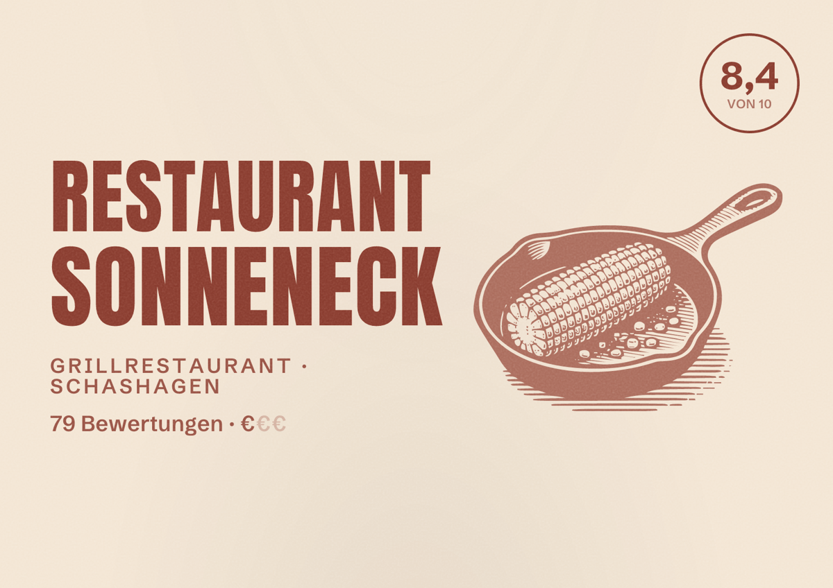 Illustriertes Poster von Restaurant Sonneneck, Grillrestaurant in Schashagen: Bewertung 8,4 von 10 aus 79 Bewertungen, Preisniveau €