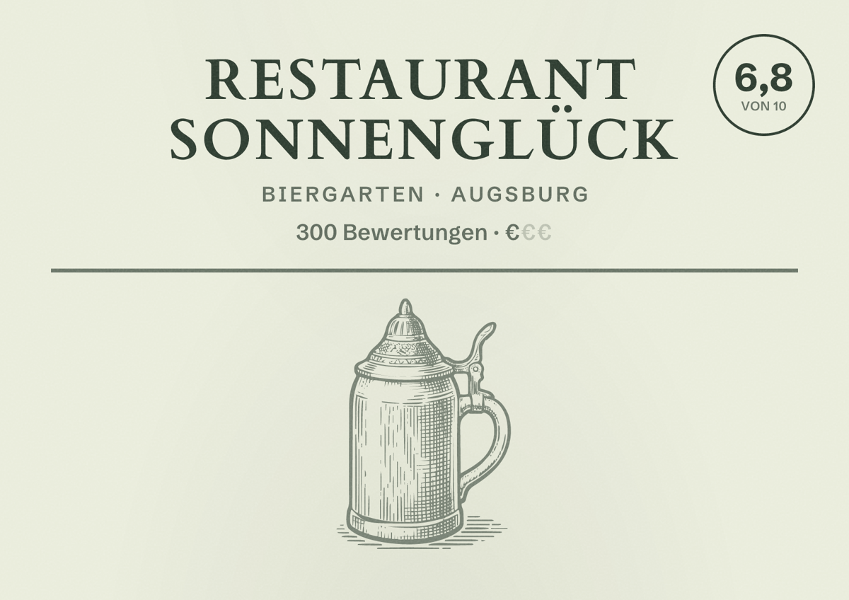 Illustriertes Poster von Restaurant Sonnenglück, Biergarten in Augsburg: Bewertung 6,8 von 10 aus 300 Bewertungen, Preisniveau €