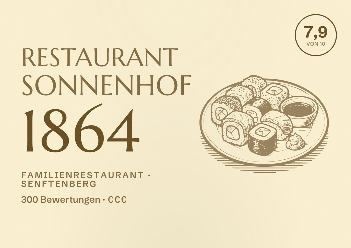 Illustriertes Poster von Restaurant Sonnenhof 1864, Familienrestaurant in Senftenberg: Bewertung 7,9 von 10 aus 300 Bewertungen, Preisniveau €€€