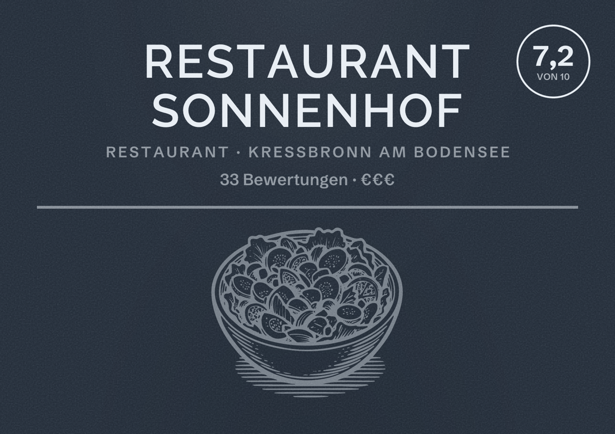 Illustriertes Poster von Restaurant Sonnenhof, Restaurant in Kressbronn am Bodensee: Bewertung 7,2 von 10 aus 33 Bewertungen, Preisniveau €€€