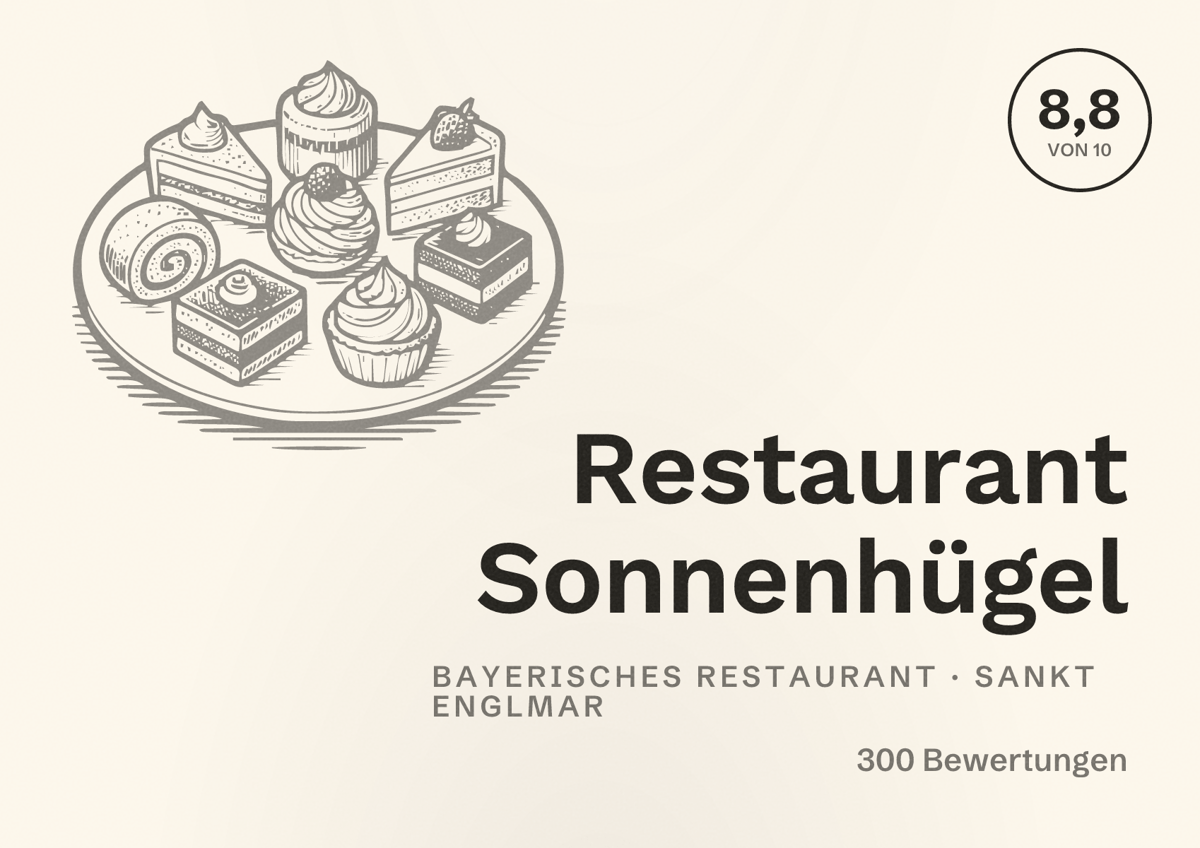Illustriertes Poster von Restaurant Sonnenhügel, Bayerisches Restaurant in Sankt Englmar: Bewertung 8,8 von 10 aus 300 Bewertungen