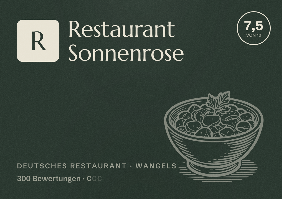 Illustriertes Poster von Restaurant Sonnenrose, Deutsches Restaurant in Wangels: Bewertung 7,5 von 10 aus 300 Bewertungen, Preisniveau €