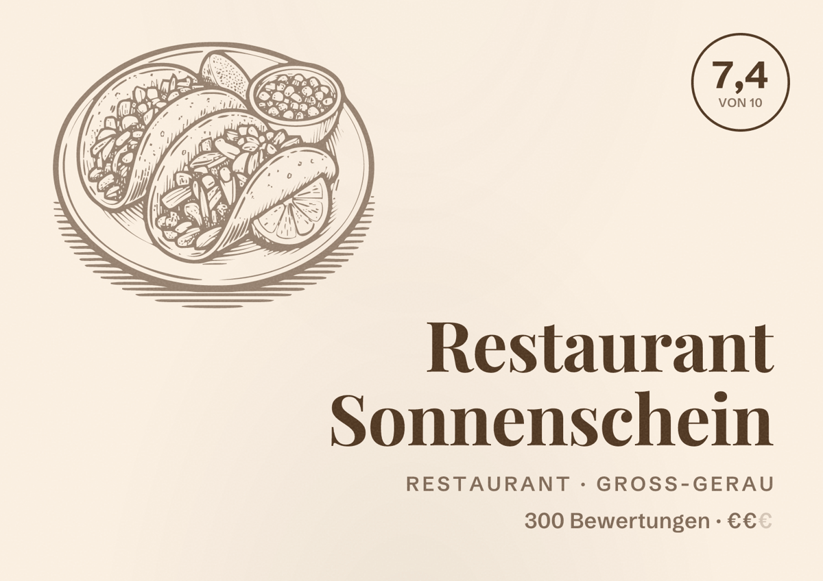 Illustriertes Poster von Restaurant Sonnenschein, Restaurant in Groß-Gerau: Bewertung 7,4 von 10 aus 300 Bewertungen, Preisniveau €€