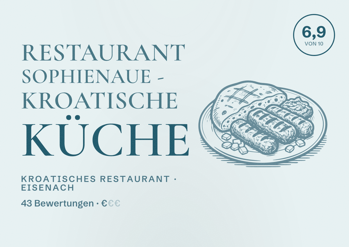 Illustriertes Poster von Restaurant Sophienaue - kroatische Küche, Kroatisches Restaurant in Eisenach: Bewertung 6,9 von 10 aus 43 Bewertungen, Preisniveau €