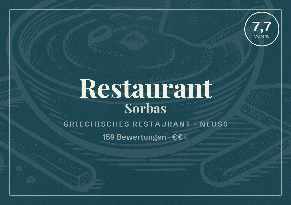 Illustriertes Poster von Restaurant Sorbas, Griechisches Restaurant in Neuss: Bewertung 7,7 von 10 aus 159 Bewertungen, Preisniveau €€