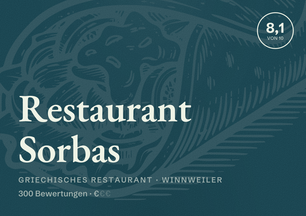Illustriertes Poster von Restaurant Sorbas, Griechisches Restaurant in Winnweiler: Bewertung 8,1 von 10 aus 300 Bewertungen, Preisniveau €