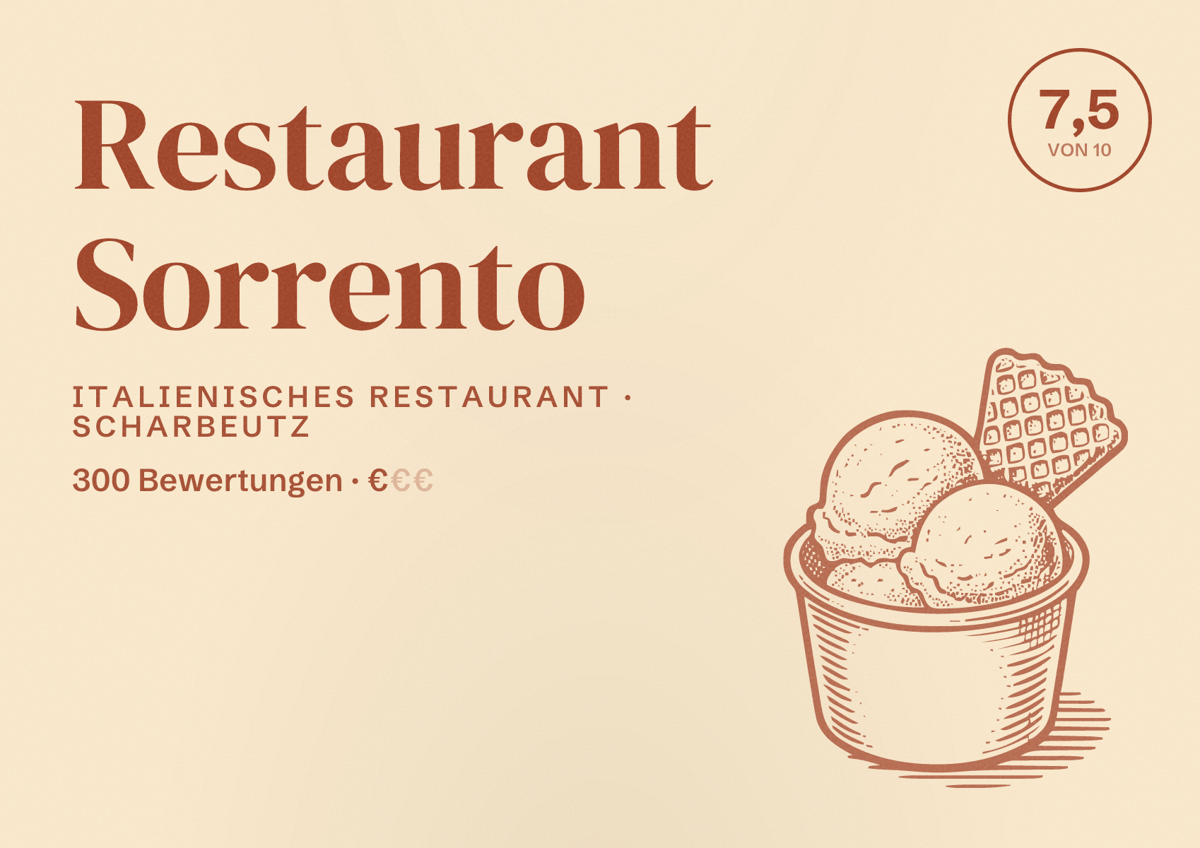 Illustriertes Poster von Restaurant Sorrento, Italienisches Restaurant in Scharbeutz: Bewertung 7,5 von 10 aus 300 Bewertungen, Preisniveau €