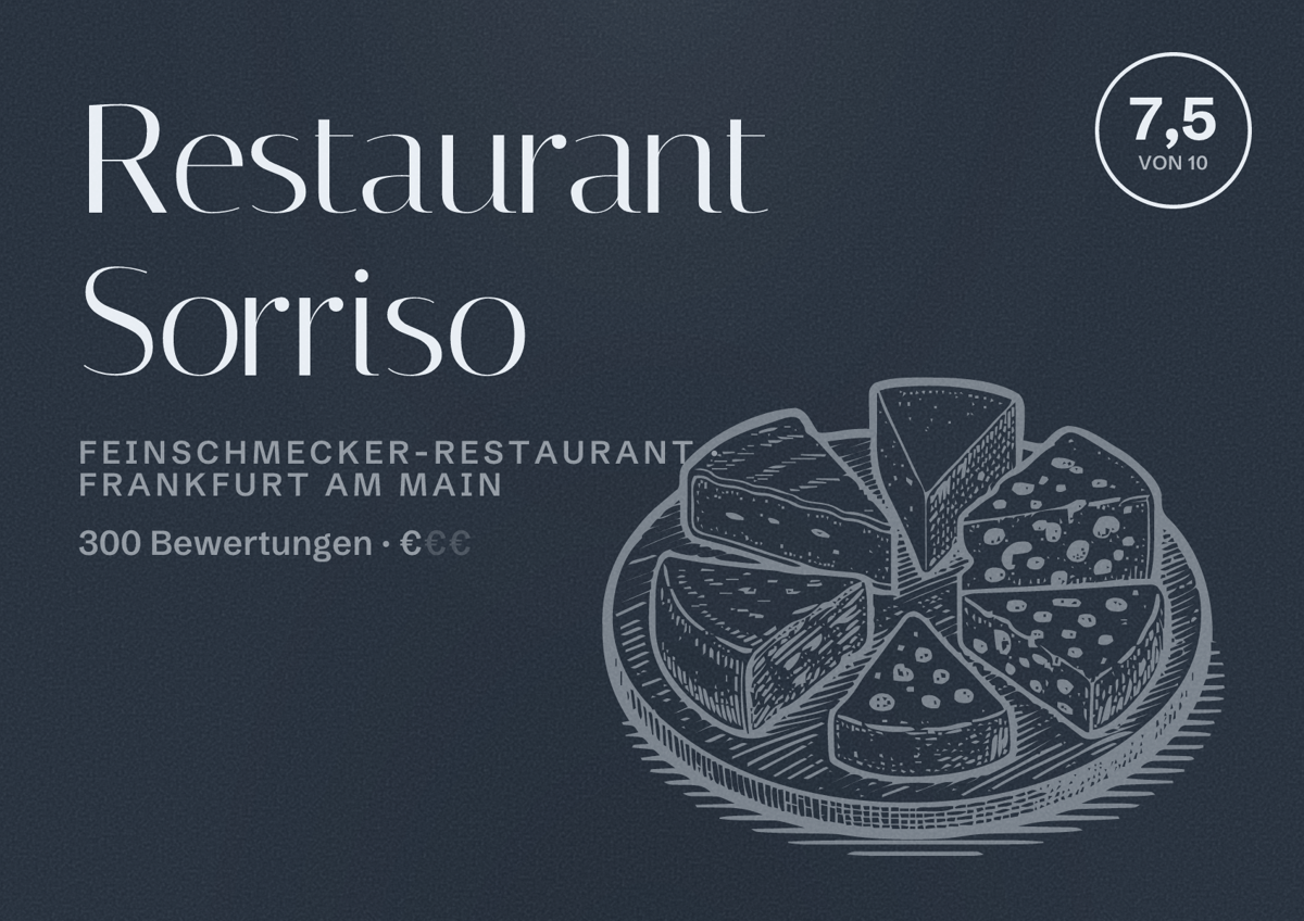 Illustriertes Poster von Restaurant Sorriso, Feinschmecker-Restaurant in Frankfurt am Main: Bewertung 7,5 von 10 aus 300 Bewertungen, Preisniveau €