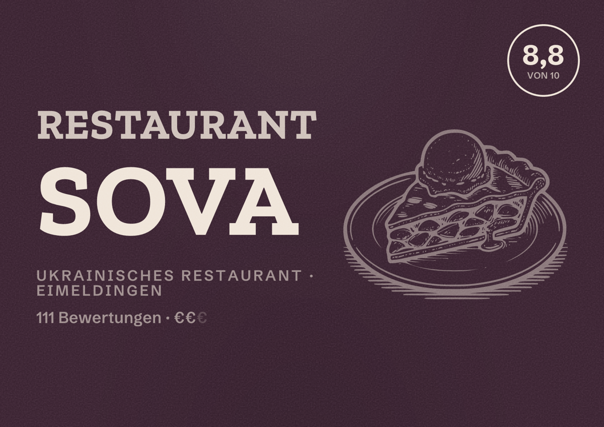 Illustriertes Poster von Restaurant SOVA, Ukrainisches Restaurant in Eimeldingen: Bewertung 8,8 von 10 aus 111 Bewertungen, Preisniveau €€