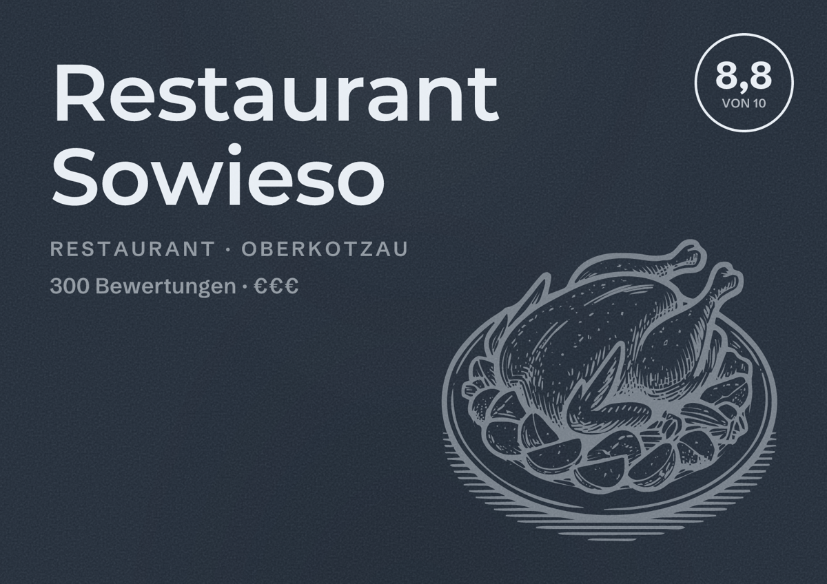 Illustriertes Poster von Restaurant Sowieso, Restaurant in Oberkotzau: Bewertung 8,8 von 10 aus 300 Bewertungen, Preisniveau €€€