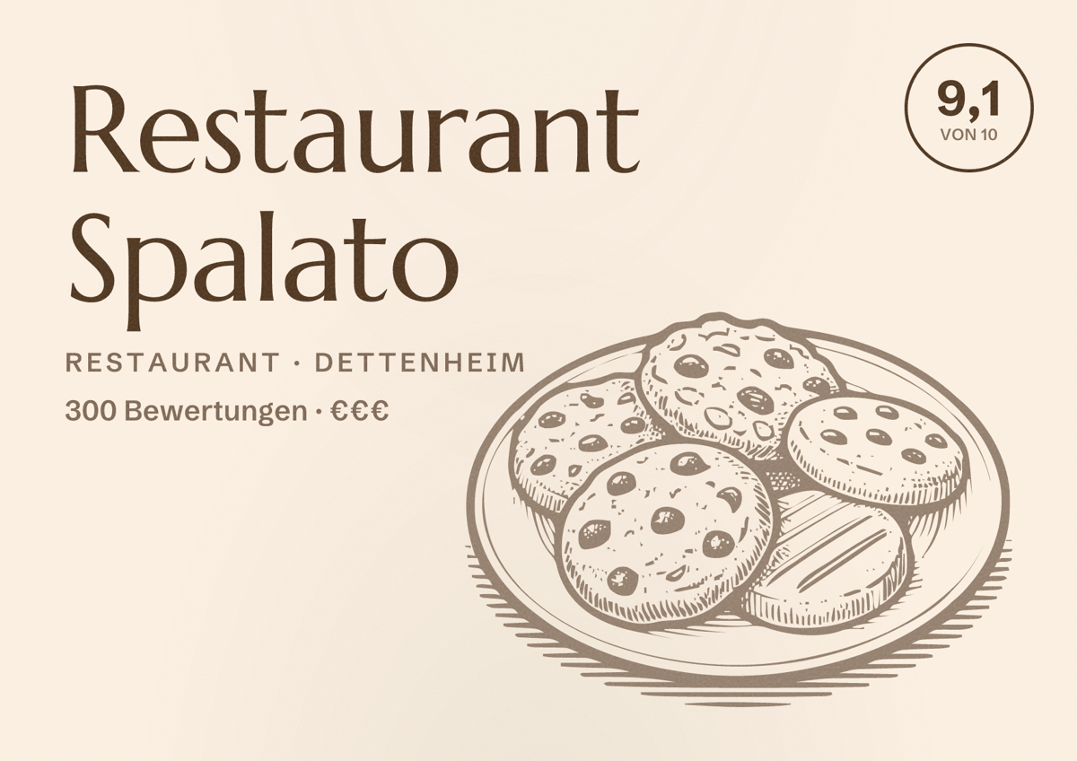 Illustriertes Poster von Restaurant Spalato, Restaurant in Dettenheim: Bewertung 9,1 von 10 aus 300 Bewertungen, Preisniveau €€€