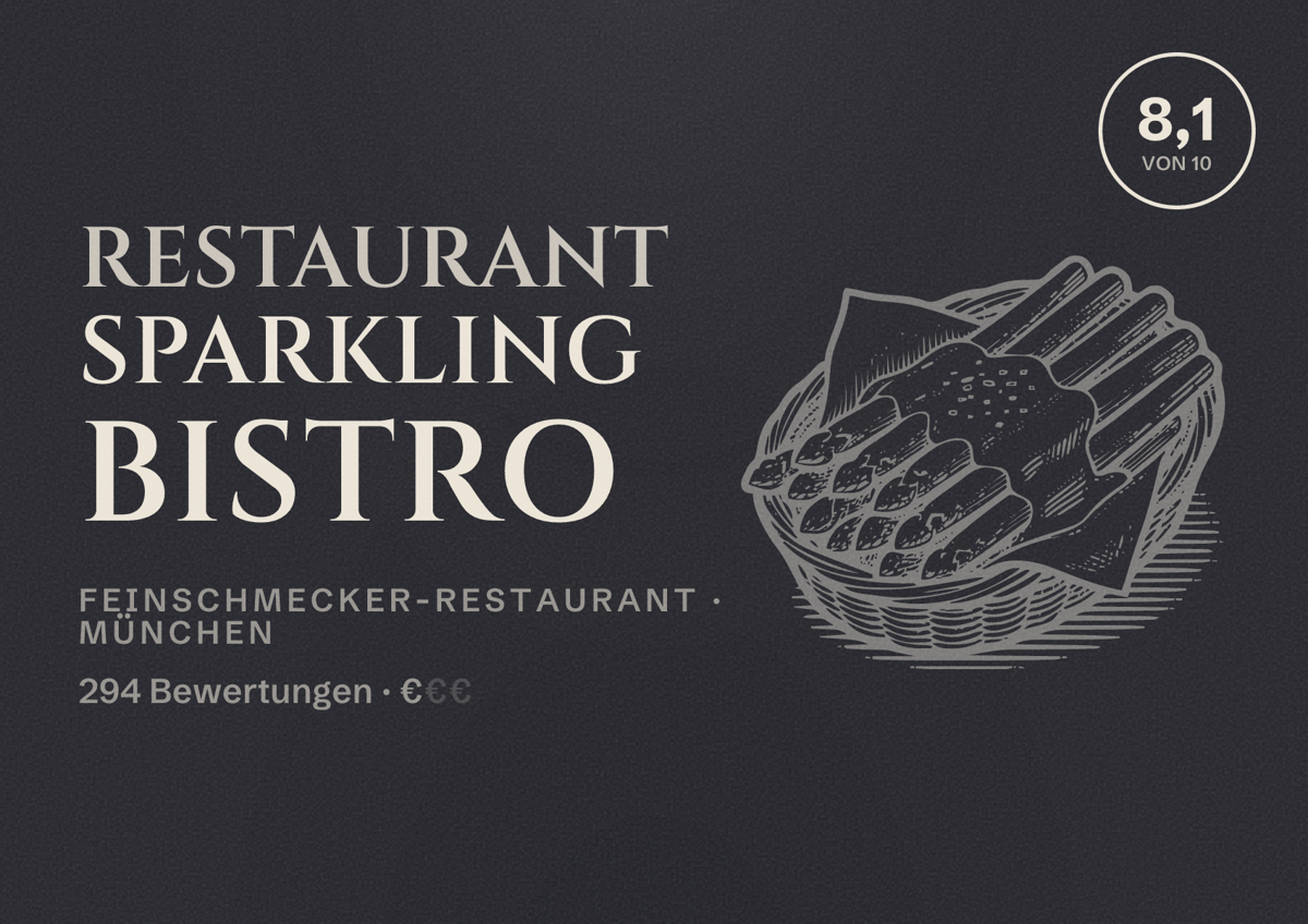 Illustriertes Poster von Restaurant Sparkling Bistro, Feinschmecker-Restaurant in München: Bewertung 8,1 von 10 aus 294 Bewertungen, Preisniveau €