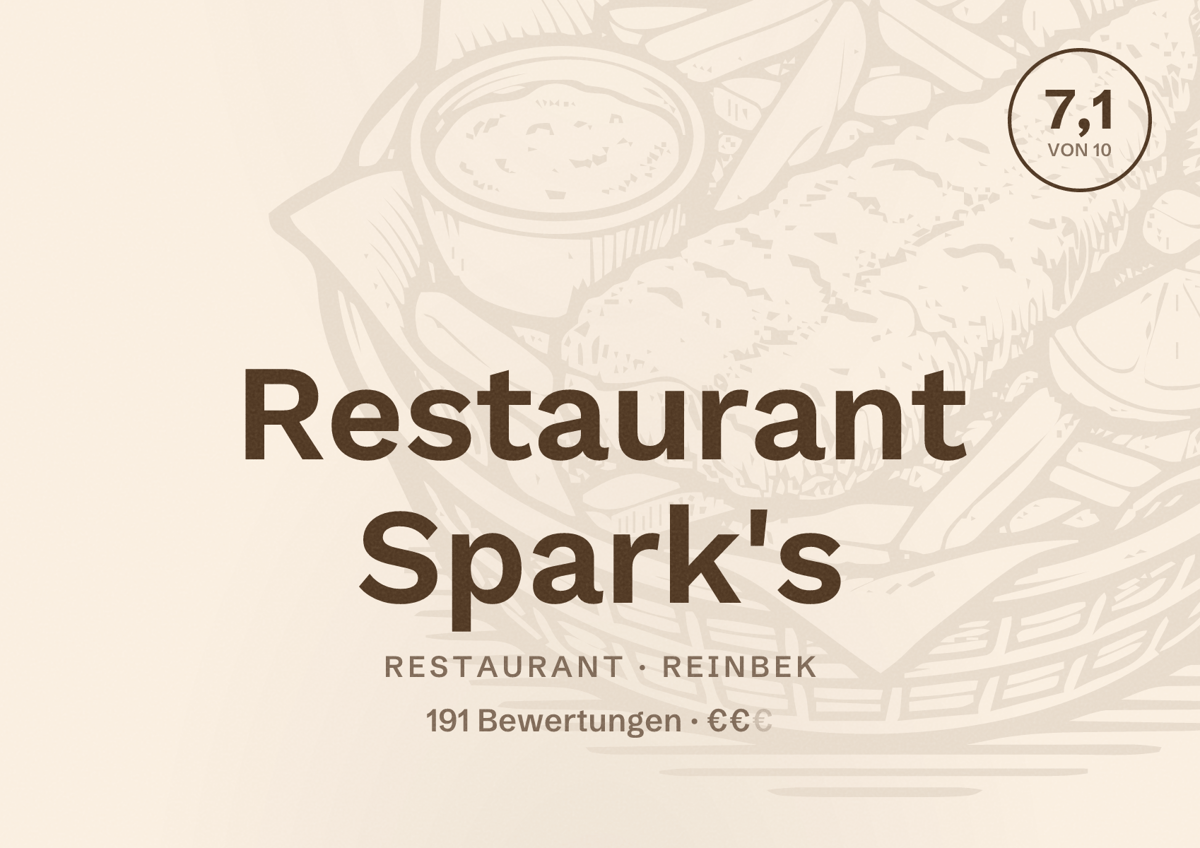 Illustriertes Poster von Restaurant Spark's, Restaurant in Reinbek: Bewertung 7,1 von 10 aus 191 Bewertungen, Preisniveau €€