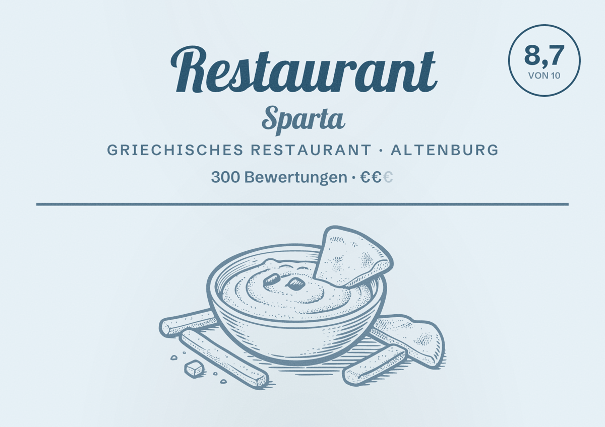 Illustriertes Poster von Restaurant Sparta, Griechisches Restaurant in Altenburg: Bewertung 8,7 von 10 aus 300 Bewertungen, Preisniveau €€