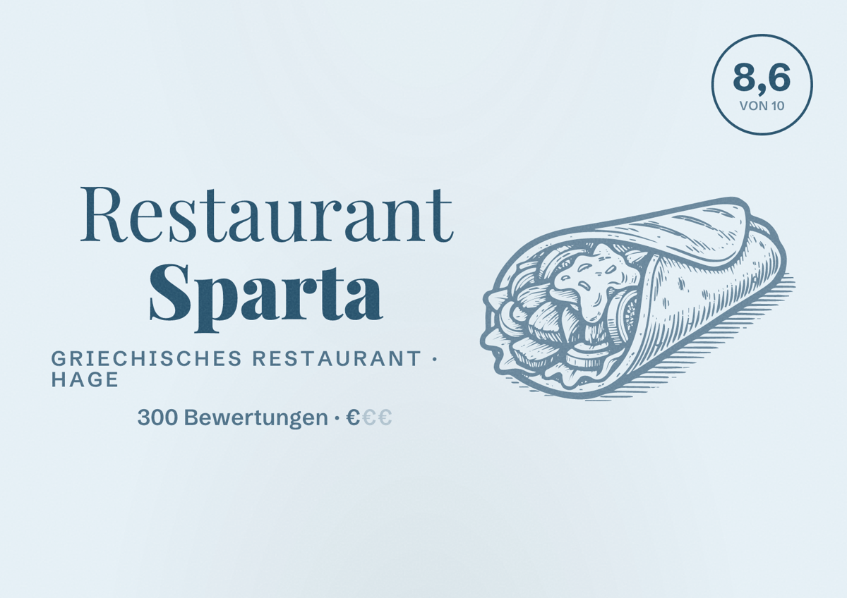 Illustriertes Poster von Restaurant Sparta, Griechisches Restaurant in Hage: Bewertung 8,6 von 10 aus 300 Bewertungen, Preisniveau €