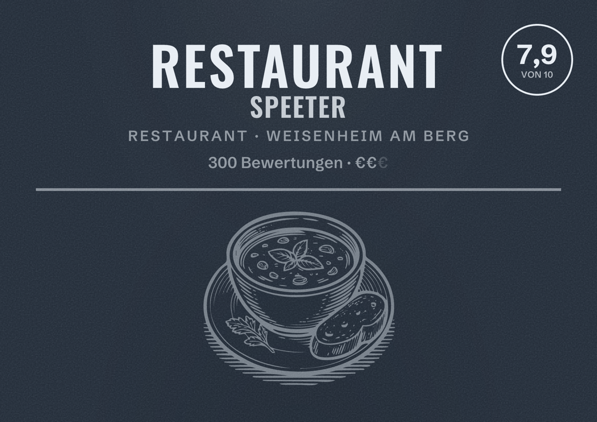 Illustriertes Poster von Restaurant Speeter, Restaurant in Weisenheim am Berg: Bewertung 7,9 von 10 aus 300 Bewertungen, Preisniveau €€