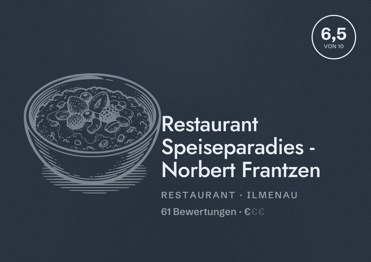 Illustriertes Poster von Restaurant Speiseparadies - Norbert Frantzen, Restaurant in Ilmenau: Bewertung 6,5 von 10 aus 61 Bewertungen, Preisniveau €