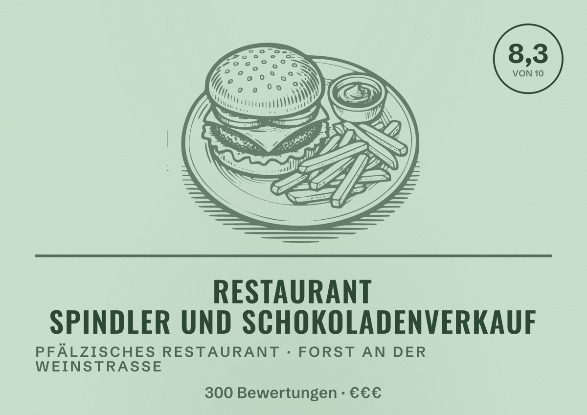 Illustriertes Poster von Restaurant Spindler und Schokoladenverkauf, Pfälzisches Restaurant in Forst an der Weinstraße: Bewertung 8,3 von 10 aus 300 Bewertungen, Preisniveau €€€