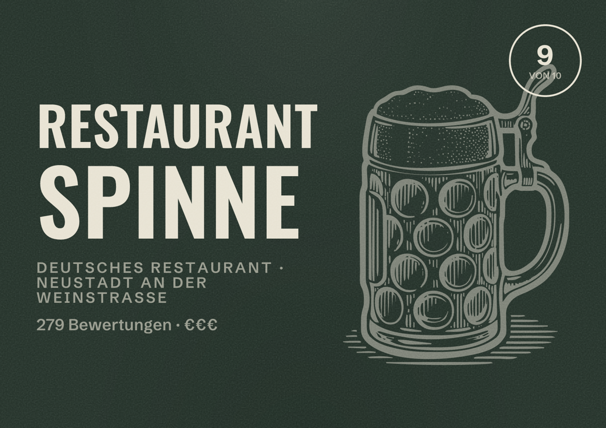 Illustriertes Poster von Restaurant Spinne, Deutsches Restaurant in Neustadt an der Weinstraße: Bewertung 9 von 10 aus 279 Bewertungen, Preisniveau €€€