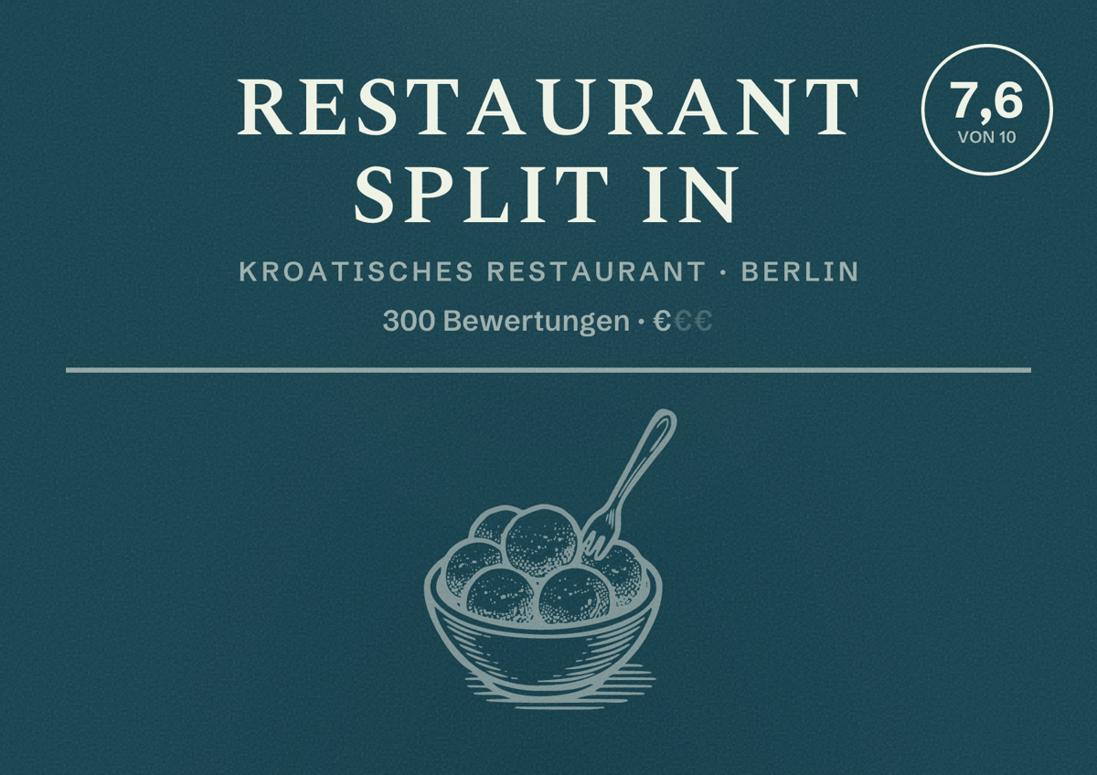 Illustriertes Poster von Restaurant Split in, Kroatisches Restaurant in Berlin: Bewertung 7,6 von 10 aus 300 Bewertungen, Preisniveau €