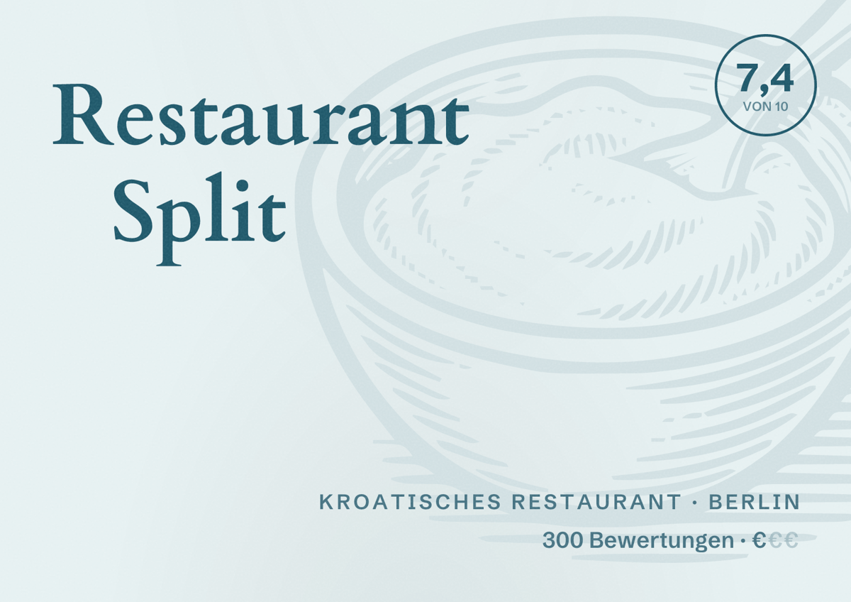 Illustriertes Poster von Restaurant Split, Kroatisches Restaurant in Berlin: Bewertung 7,4 von 10 aus 300 Bewertungen, Preisniveau €