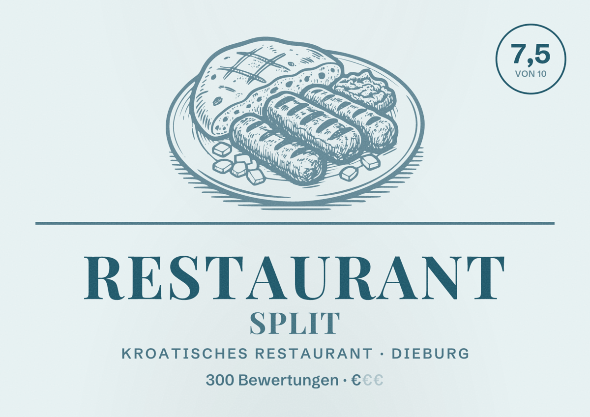 Illustriertes Poster von Restaurant Split, Kroatisches Restaurant in Dieburg: Bewertung 7,5 von 10 aus 300 Bewertungen, Preisniveau €